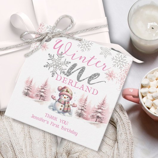 ウィンターオネダーランドピンクシルバーグリッター1st Birthday フェイバータグ
