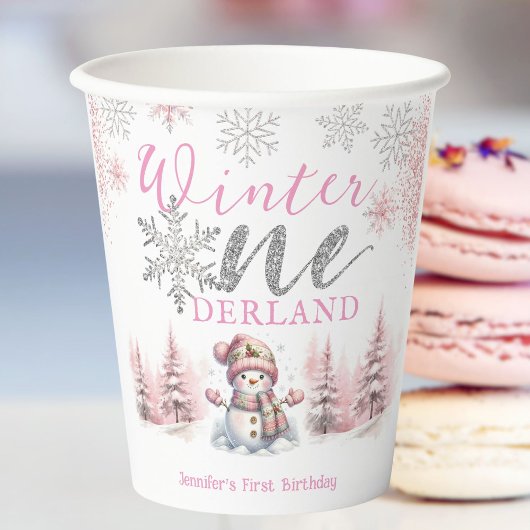 ウィンターオネダーランドピンクシルバーグリッター1st Birthday 紙コップ