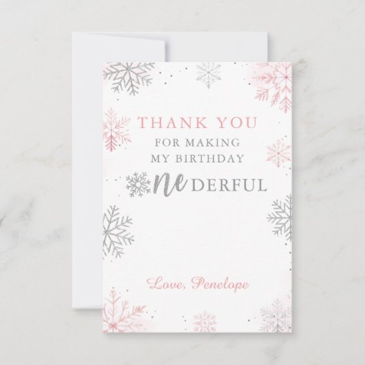 ウィンターオネダーランドピンクシルバーファースト誕生日 サンキューカード (正面)