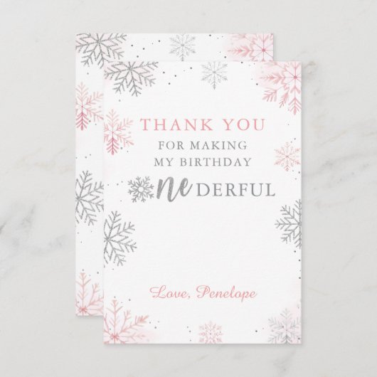 ウィンターオネダーランドピンクシルバーファースト誕生日 サンキューカード (正面/裏面)