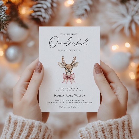 ウィンターオネダーランドピンクボウクリスマス誕生日 招待状