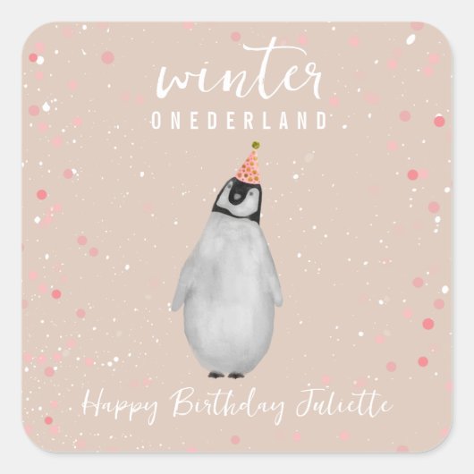 ウィンターオネダーランドピンク誕生日ペンギン紙吹雪 スクエアシール (正面)