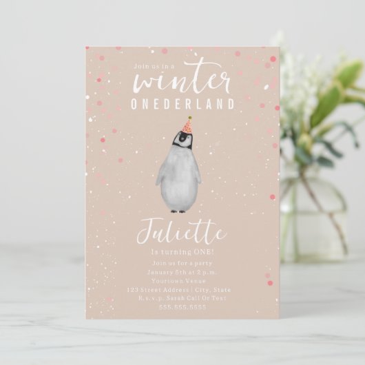 ウィンターオネダーランドピンク誕生日ペンギン紙吹雪 招待状 (スタンド正面)