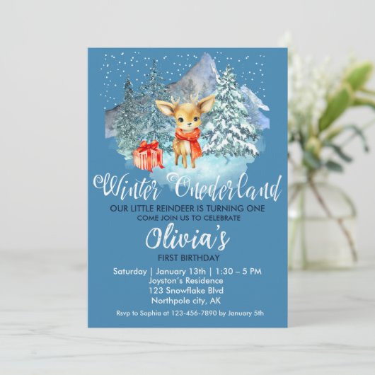 ウィンターオネダーランドファースト誕生日かわいいトナカイ 招待状 (スタンド正面)