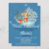 ウィンターオネダーランドファースト誕生日かわいいトナカイ 招待状 (正面/裏面)