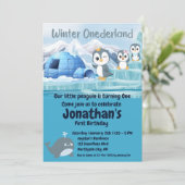 ウィンターオネダーランドファースト誕生日かわいいペンギンIglo 招待状 (スタンド正面)