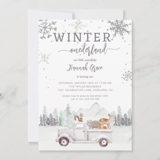 ウィンターオネダーランドファースト誕生日ウッドランド 招待状 (正面)