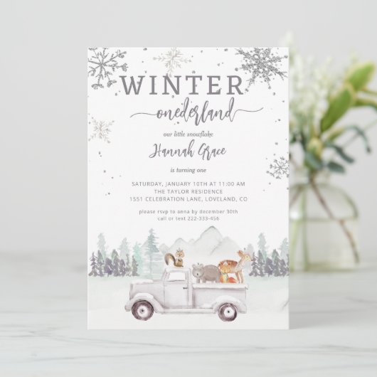 ウィンターオネダーランドファースト誕生日ウッドランド 招待状 (スタンド正面)