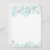 ウィンターオネダーランドファースト誕生日ティール(緑がかった色)雪片 招待状 (裏面)