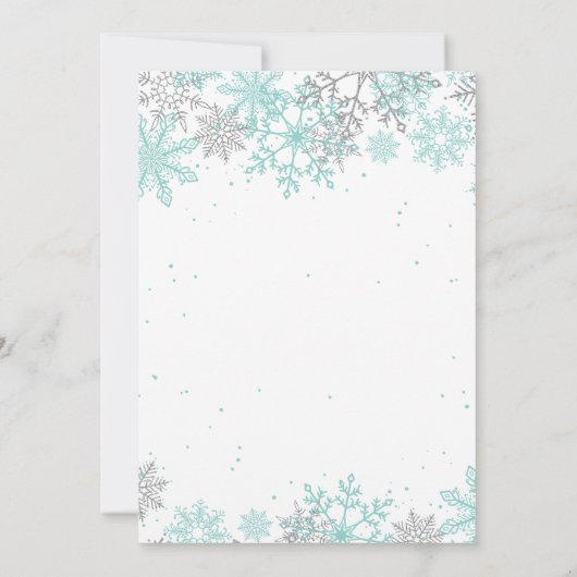 ウィンターオネダーランドファースト誕生日ティール(緑がかった色)雪片 招待状 (裏面)
