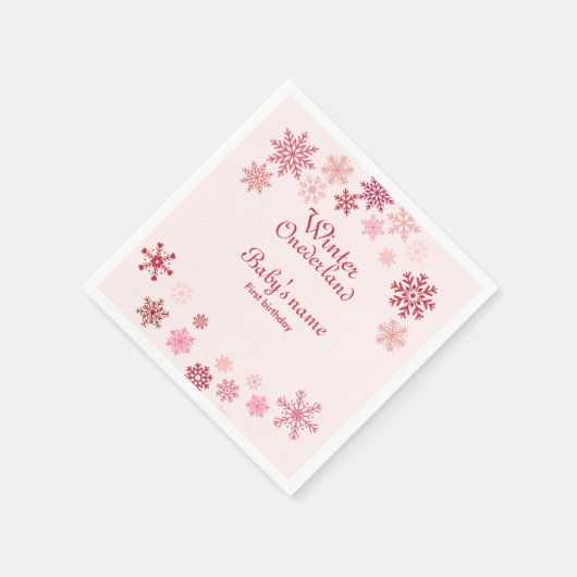 ウィンターオネダーランドファースト誕生日ピンクのスノーフレーク スタンダードカクテルナプキン (角)