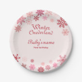 ウィンターオネダーランドファースト誕生日ピンクのスノーフレーク ペーパープレート (正面)