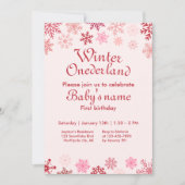 ウィンターオネダーランドファースト誕生日ピンクのスノーフレーク 招待状 (正面)