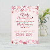 ウィンターオネダーランドファースト誕生日ピンクのスノーフレーク 招待状 (スタンド正面)