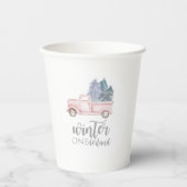 ウィンターオネダーランドファースト誕生日ピンクのトラック紙 紙コップ (正面)