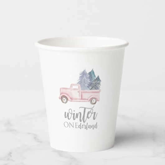 ウィンターオネダーランドファースト誕生日ピンクのトラック紙 紙コップ (正面)
