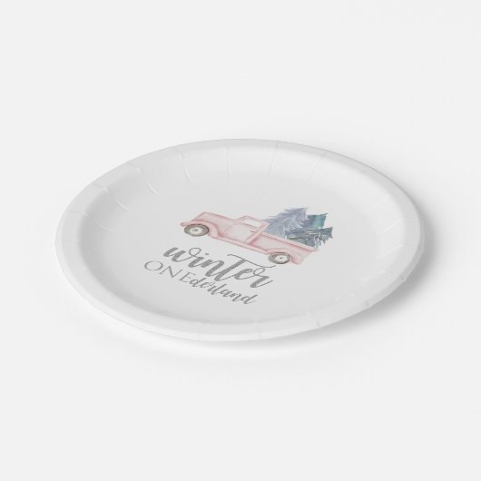 ウィンターオネダーランドファースト誕生日ピンクのトラック ペーパープレート (アングル)