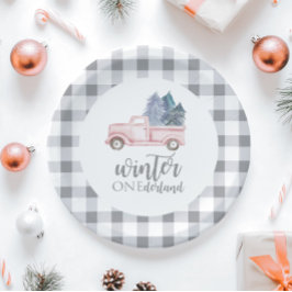 ウィンターオネダーランドファースト誕生日ピンクのトラック ペーパープレート