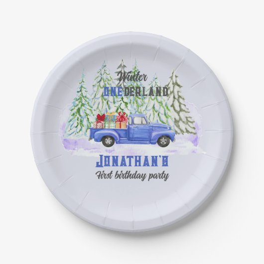 ウィンターオネダーランドファースト誕生日ブルートラックプレゼン ペーパープレート (正面)