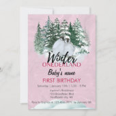 ウィンターオネダーランドファースト誕生日ペンギンピンク 招待状 (正面)