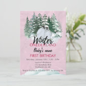 ウィンターオネダーランドファースト誕生日ペンギンピンク 招待状 (スタンド正面)