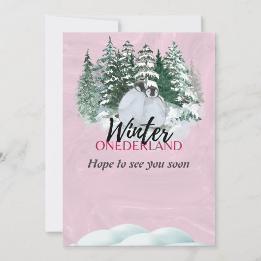 ウィンターオネダーランドファースト誕生日ペンギンピンク 招待状 (裏面)