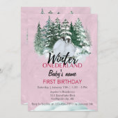 ウィンターオネダーランドファースト誕生日ペンギンピンク 招待状 (正面/裏面)