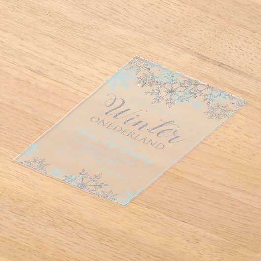 ウィンターオネダーランドファースト誕生日招待状ブルー アクリル招待状 (レイダウン)