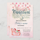 ウィンターオネダーランドファースト誕生日雪だるまピンク 招待状 (正面/裏面)