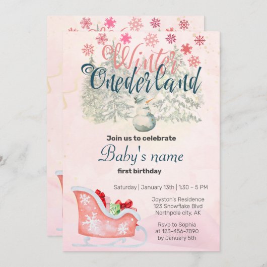 ウィンターオネダーランドファースト誕生日雪だるまピンク 招待状