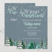 ウィンターオネダーランドファースト誕生日雪の森の星 招待状 (正面/裏面)