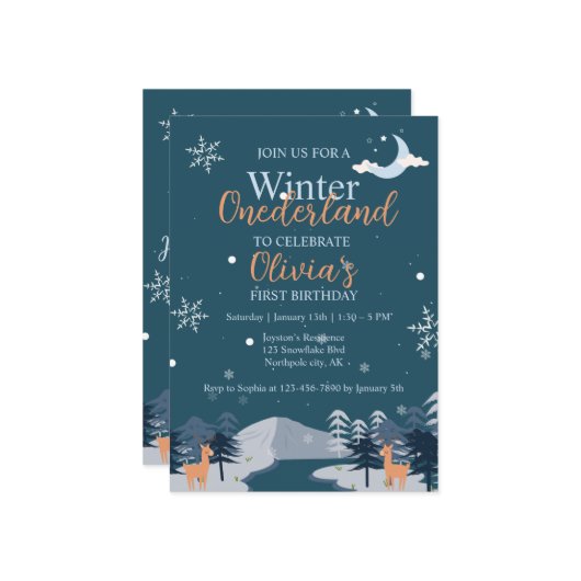 ウィンターオネダーランドファースト誕生日雪の森 招待状 (正面/裏面インサイチュ)