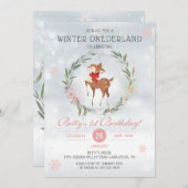 ウィンターオネダーランドフローラシカベビー1st誕生日 招待状 (正面/裏面)
