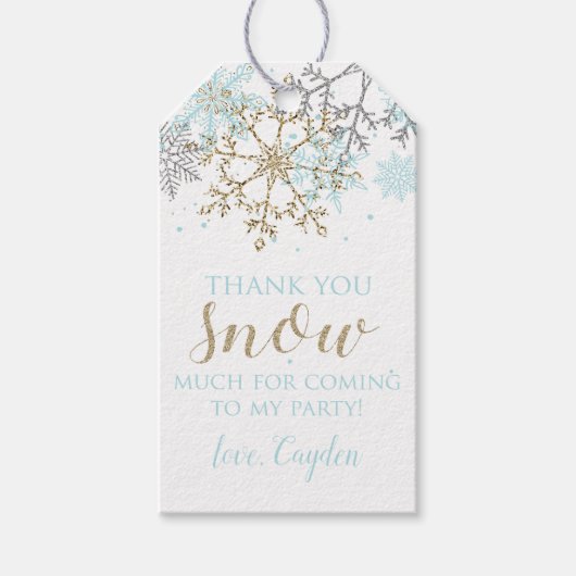 ウィンターオネダーランドブルーと金ゴールドスノーフレークラベル ギフトタグ (正面)