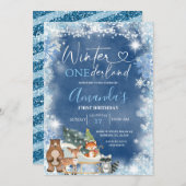 ウィンターオネダーランドブルースノーフレーク誕生日 招待状 (正面/裏面)
