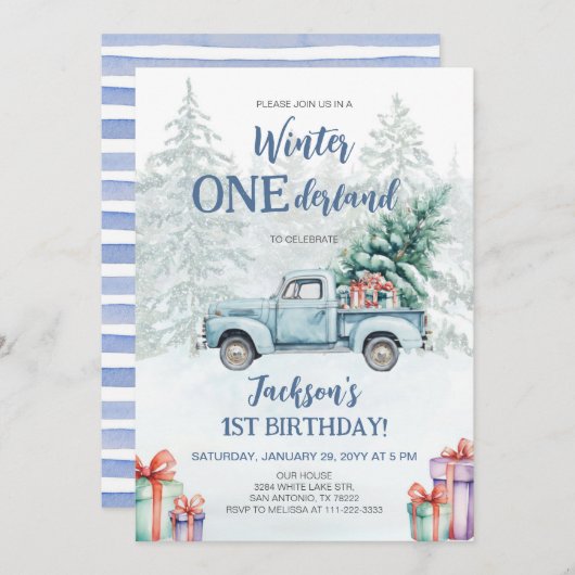 ウィンターオネダーランドブルートラックファースト誕生日 招待状 (正面/裏面)