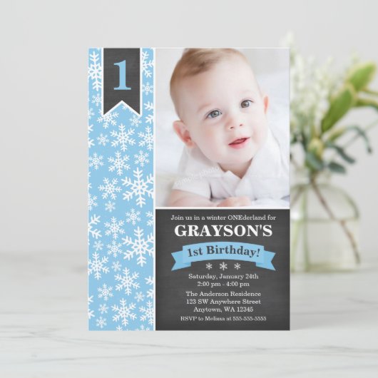 ウィンターオネダーランドブルーボーイ1st誕生日招待状 招待状 (スタンド正面)