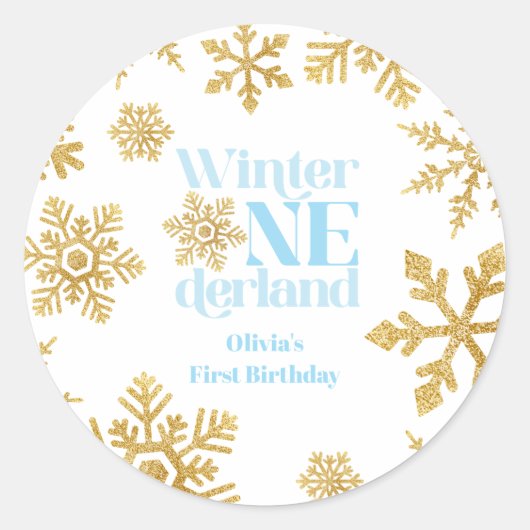 ウィンターオネダーランドブルー金ゴールドスノーフレーク1st誕生日 ラウンドシール (正面)