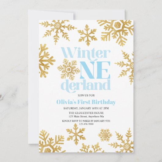 ウィンターオネダーランドブルー金ゴールドスノーフレーク1st誕生日 招待状 (正面)