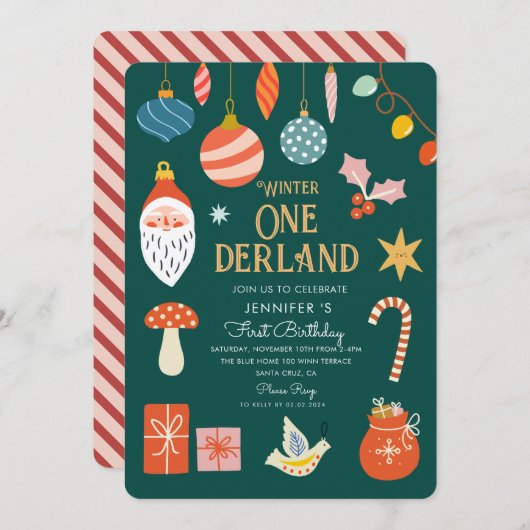 ウィンターオネダーランドホリデーファースト誕生日 招待状 (正面/裏面)