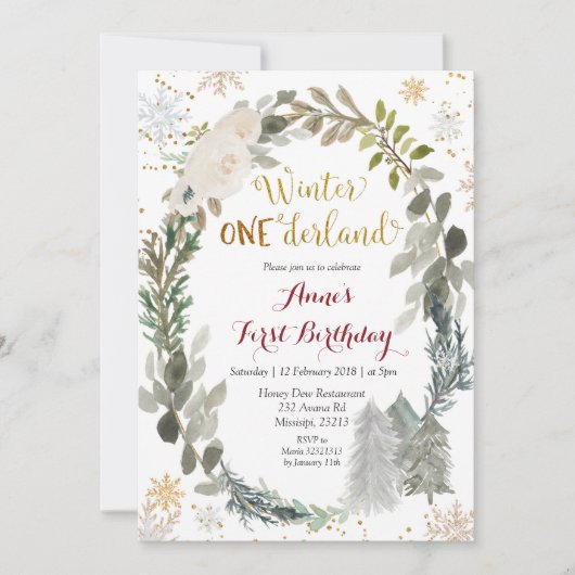 ウィンターオネダーランドホワイトフローラ誕生日招待状 招待状 (正面)