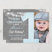 ウィンターオネダーランドボーイグレースノーフレーク誕生日 招待状 (正面/裏面)