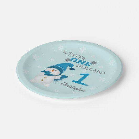 ウィンターオネダーランドボーイファースト誕生日かわいい雪だるま ペーパープレート (アングル)