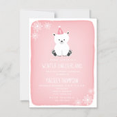 ウィンターオネダーランドポーラベアピンクファースト誕生日 マグネット招待状 (正面)
