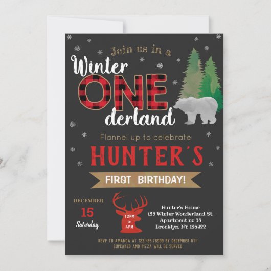 ウィンターオネダーランドランバージャック誕生日招待状 招待状 (正面)