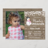 ウィンターオネダーランド素朴雪だるまガール1st誕生日 招待状 (正面/裏面)