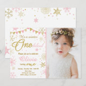 ウィンターオネダーランド誕生日の招待状ピンク金ゴールド 招待状 (正面/裏面)
