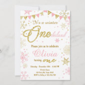 ウィンターオネダーランド誕生日の招待状ピンク金ゴールド 招待状 (正面)