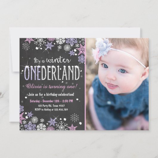 ウィンターオネダーランド誕生日パーティー招待状ガールピンク 招待状 (正面)