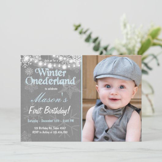 ウィンターオネダーランド誕生日パーティー招待状ボーイブルー 招待状 (スタンド正面)